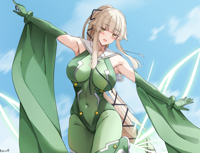 1girl arai_hitomi_(rc_f) artist_name black_ribbon blonde_hair blush bodysuit borrowed_character breasts brown_eyes collarbone commission covered_navel flying green_bodysuit highres keenh large_breasts long_hair looking_at_viewer mole mole_under_eye multicolored_bodysuit multicolored_clothes open_mouth original outstretched_arms ponytail ribbon sailor_collar skin_tight sky solo very_long_hair