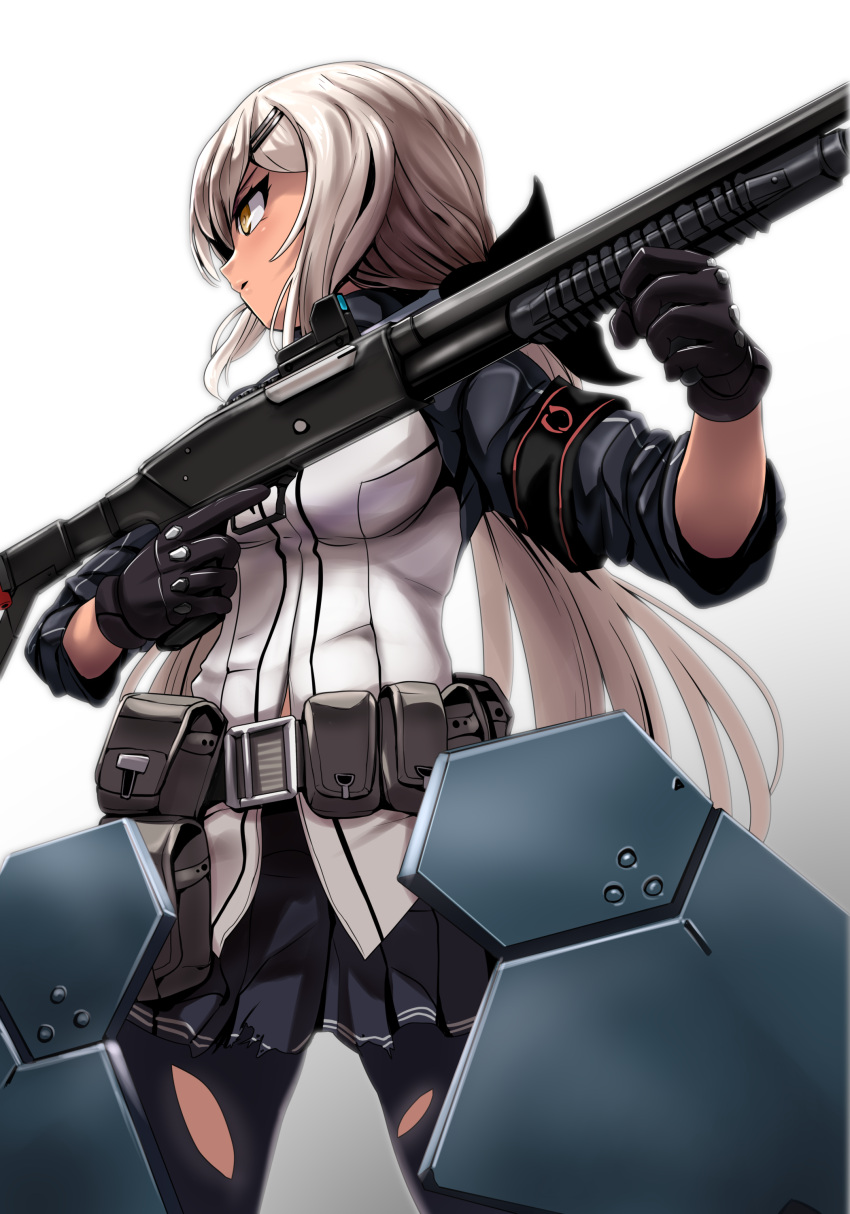 1girl absurdres armor belt black_gloves breasts commentary_request dark-skinned_female dark_skin girls'_frontline gloves gradient_background gun hair_ornament hair_ribbon hairclip highres holding holding_gun holding_weapon long_hair m590_(girls'_frontline) mossberg_590 pantyhose pleated_skirt pouch ribbon shield shield_module shotgun skirt sleeves_rolled_up solo torn_clothes torn_pantyhose very_long_hair weapon white_hair yaruku yellow_eyes