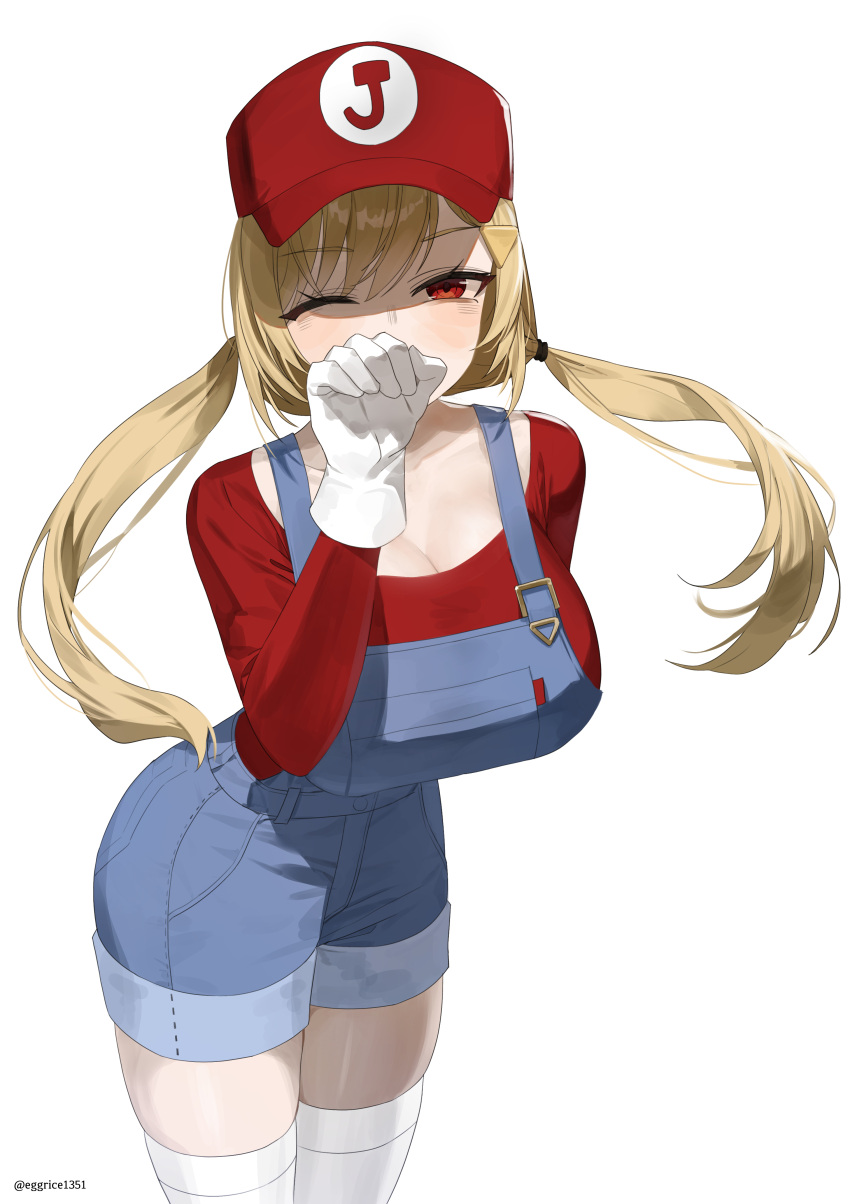 1girl absurdres baseball_cap blonde_hair blue_overalls breasts cleavage cosplay covering_mouth gloves hat highres jingburger large_breasts long_hair long_sleeves looking_at_viewer mario mario_(cosplay) one_eye_closed overall_shorts overalls red_eyes red_headwear red_shirt shirt simple_background skindentation smile solo thighhighs tsukinuma_gohan twintails twitter_username virtual_youtuber waktaverse white_background white_gloves white_thighhighs