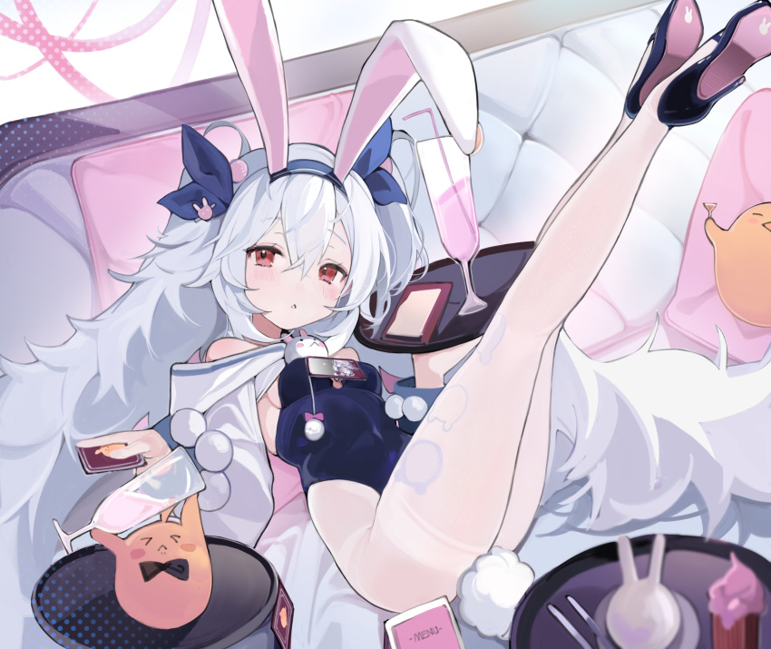 1girl :&lt; absurdres animal_ear_hairband animal_ears azur_lane black_footwear blue_bow blue_hairband blue_leotard bow breasts cocktail commentary fake_animal_ears fake_tail fine_fabric_emphasis grey_hair hair_between_eyes hair_bow hairband high_heels highleg highleg_leotard highres holding holding_tray laffey_(azur_lane) laffey_ii_(azur_lane) laffey_ii_(sleepy_on_a_busy_day)_(azur_lane) legs legs_up leotard long_hair long_legs looking_at_viewer low_twintails lying manjuu_(azur_lane) official_alternate_costume on_back pantyhose rabbit_ears rabbit_tail red_eyes small_breasts solo tail thighband_pantyhose tray triangle_mouth twintails very_long_hair white_pantyhose yuhezi