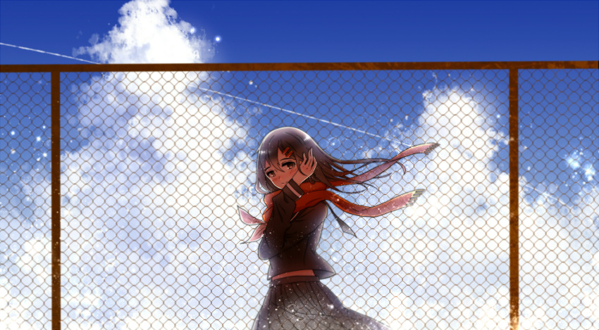 1girl arm_up black_serafuku black_shirt black_skirt blue_sky blush brown_eyes brown_hair chain-link_fence closed_mouth cloud commentary_request contrail cowboy_shot day english_commentary fence floating_scarf from_side hand_on_own_head highres kagerou_project light_particles light_smile long_hair long_sleeves looking_at_viewer looking_to_the_side majiang midriff_peek mixed-language_commentary neckerchief outdoors pleated_skirt red_scarf scarf school_uniform serafuku shirt skirt sky solo summertime_record_(vocaloid) tateyama_ayano white_neckerchief wind winter_uniform