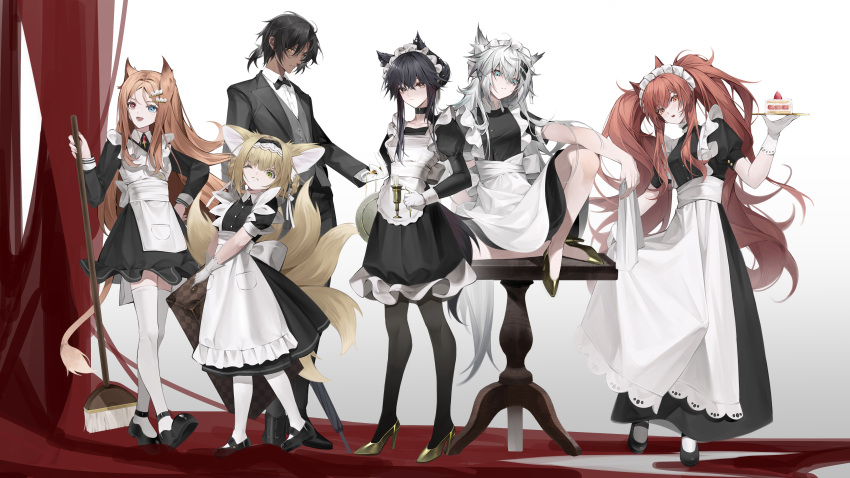 1boy 5girls absurdres alternate_costume angelina_(arknights) animal_ears apron archetto_(arknights) arknights black_bow black_bowtie black_choker black_dress black_footwear black_hair black_jacket black_pants black_pantyhose black_umbrella blonde_hair blue_eyes bow bowtie braid braided_hair_rings breasts broom brown_eyes brown_hair butler cake candle choker closed_mouth closed_umbrella commentary crossed_bangs dark-skinned_male dark_skin dated_commentary dress enmaided food fox_ears fox_girl fox_tail frilled_apron frilled_dress frills full_body gloves gold_footwear green_eyes grey_eyes grey_hair grey_vest hair_between_eyes hair_ornament hair_ribbon hair_rings hairclip hand_on_own_hip heterochromia high_heels highres holding holding_candle holding_cloth holding_suitcase holding_tray holding_umbrella jacket juliet_sleeves kitsune knee_up kyuubi lappland_(arknights) lion_ears lion_girl lion_tail long_hair long_sleeves looking_at_viewer maid maid_apron maid_headdress male_focus medium_breasts medium_dress messy_hair multiple_girls multiple_tails one_eye_closed open_mouth orange_eyes pants pantyhose plate pocket_watch ponytail puffy_short_sleeves puffy_sleeves red_eyes ribbon shirt shoes short_dress short_hair short_sleeves sidelocks simple_background sitting sitting_on_table skirt_hold standing strawberry_shortcake suit suit_jacket suitcase suyi-j suzuran_(arknights) tail texas_(arknights) thighhighs thorns_(arknights) tray twin_braids twintails umbrella very_long_hair vest waistcoat watch white_apron white_background white_gloves white_headdress white_headwear white_pantyhose white_ribbon white_shirt white_thighhighs wolf_ears wolf_girl wolf_tail zettai_ryouiki