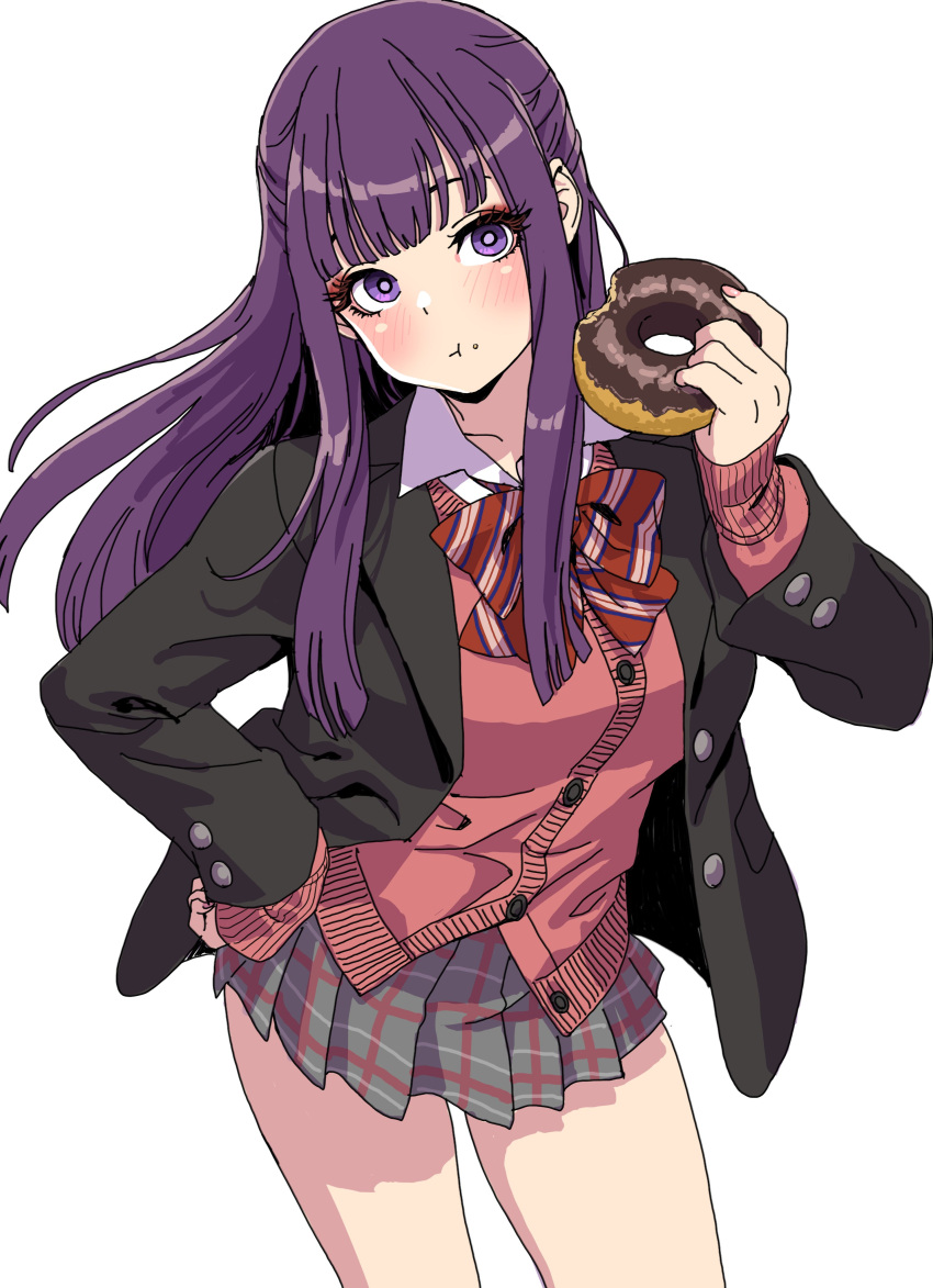 1girl :t absurdres alternate_costume black_jacket blunt_bangs blush bow bowtie closed_mouth collared_shirt commentary_request diagonal-striped_bow diagonal_stripes eating feet_out_of_frame fern_(sousou_no_frieren) food food_on_face green_skirt half_updo highres holding_doughnut jacket long_hair long_sleeves looking_at_viewer pink_sweater_vest plaid plaid_skirt pleated_skirt purple_eyes purple_hair red_bow red_bowtie school_uniform shirt simple_background skirt solo sousou_no_frieren straight_hair striped sweater_vest thighs white_background white_shirt yamashita_shun'ya