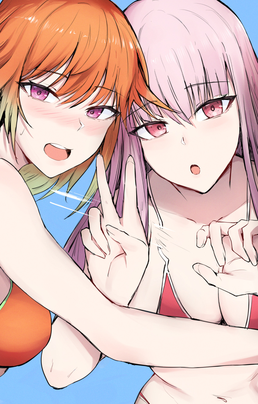 2girls bikini blue_background blush breasts cleavage collarbone cowboy_shot gradient_hair green_hair hair_between_eyes highres hololive hololive_english large_breasts leaning_forward light_blush long_hair looking_at_viewer mori_calliope multicolored_hair multiple_girls navel nose_blush open_mouth orange_bikini orange_hair pink_eyes pink_hair purple_eyes red_bikini sak1_01 short_hair sweatdrop swimsuit takanashi_kiara teeth upper_body upper_teeth_only v virtual_youtuber