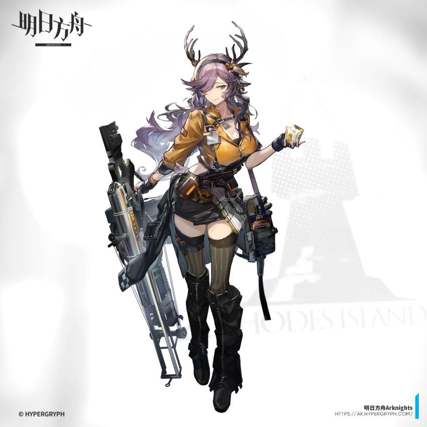 1girl animal_ears antlers arknights bag black_skirt black_thighhighs boots breasts cleavage coldshot_(arknights) company_name copyright_name cup deer_antlers deer_ears green_eyes gun hair_over_one_eye highres holding holding_cup large_breasts long_hair mag_(mag42) official_art purple_hair shirt shoulder_bag skirt solo tachi-e thighhighs very_long_hair weapon yellow_shirt