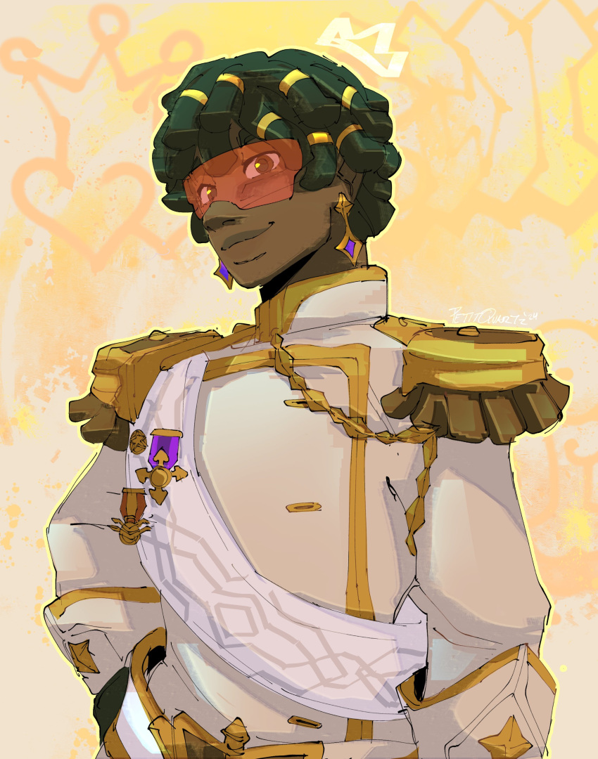 2024 absurdres armor dreadlocks earrings hand_on_own_hip highres jewelry looking_at_viewer lucio_(overwatch) medal overwatch overwatch_2 pauldrons petitquartz prince red_visor sash shirt shoulder_armor white_shirt yellow_background