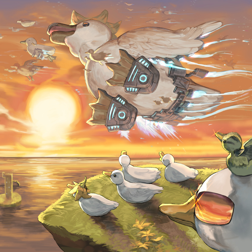 absurdres animal bird cliff commentary_request duck duckling flying grass highres level-00 no_humans ocean orange_sky original outdoors oversized_animal sky sun sunglasses twilight water