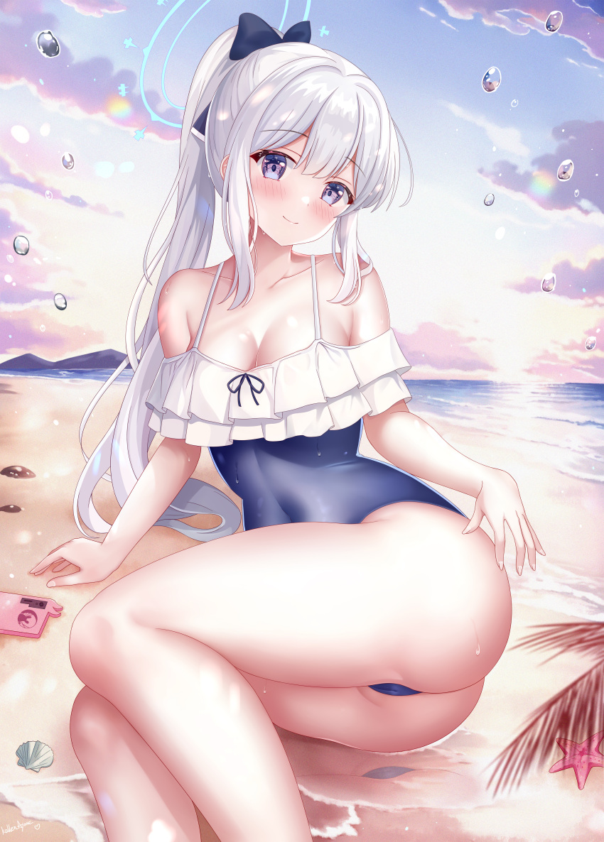 1girl absurdres ass beach blue_archive blue_bow blue_halo blue_one-piece_swimsuit blush bow breasts casual_one-piece_swimsuit cellphone closed_mouth frilled_one-piece_swimsuit frills hair_bow halo highres kallen_ayase long_hair looking_at_viewer medium_breasts miyako_(blue_archive) miyako_(swimsuit)_(blue_archive) ocean off-shoulder_one-piece_swimsuit off_shoulder one-piece_swimsuit palm_tree phone ponytail purple_eyes sand seashell shell shore sky smartphone smile solo starfish swimsuit tree twilight water white_hair