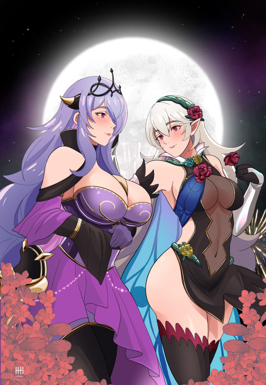 2girls absurdres blush breasts camilla_(alluring_darkness)_(fire_emblem) camilla_(fire_emblem) cleavage corrin_(female)_(fire_emblem) corrin_(female)_(resplendent)_(fire_emblem) corrin_(fire_emblem) covered_navel dress fire_emblem fire_emblem_fates flower grey_hair hair_flower hair_ornament hairband highres ihsnet long_hair looking_at_another moon multiple_girls official_alternate_costume pointy_ears purple_hair sash see-through see-through_cleavage thighhighs tiara very_long_hair yuri