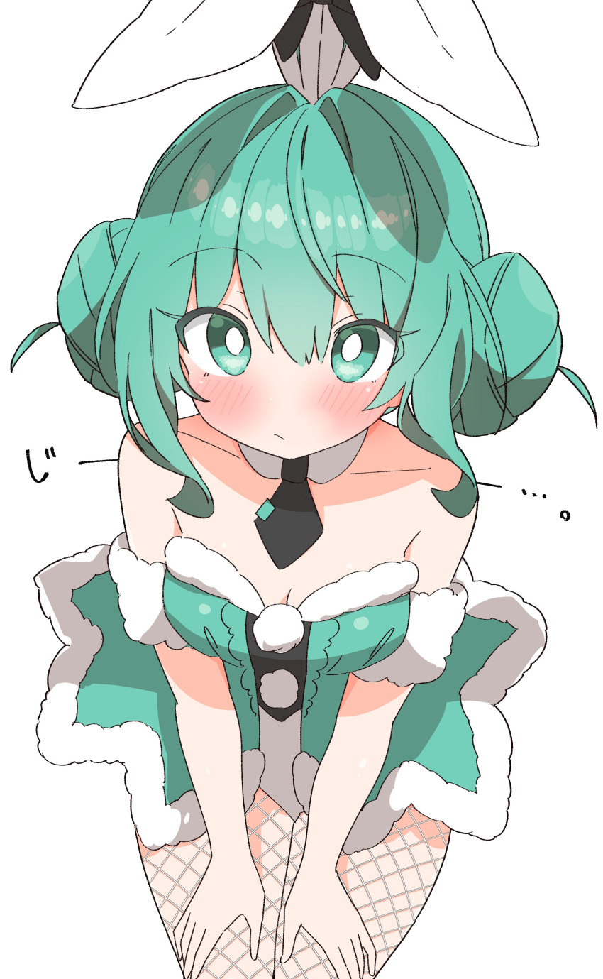 1girl absurdres animal_ears aqua_eyes aqua_hair bicute_bunnies_miku black_necktie blush breasts bright_pupils cleavage collarbone detached_collar double_bun doughnut_hair_bun fishnet_pantyhose fishnets from_above fur-trimmed_leotard fur_armlet fur_trim hair_bun hatsune_miku highres leotard necktie pantyhose playboy_bunny rabbit_ears short_necktie solo strapless strapless_leotard tied_ears translation_request uruti_2388 vocaloid white_pupils