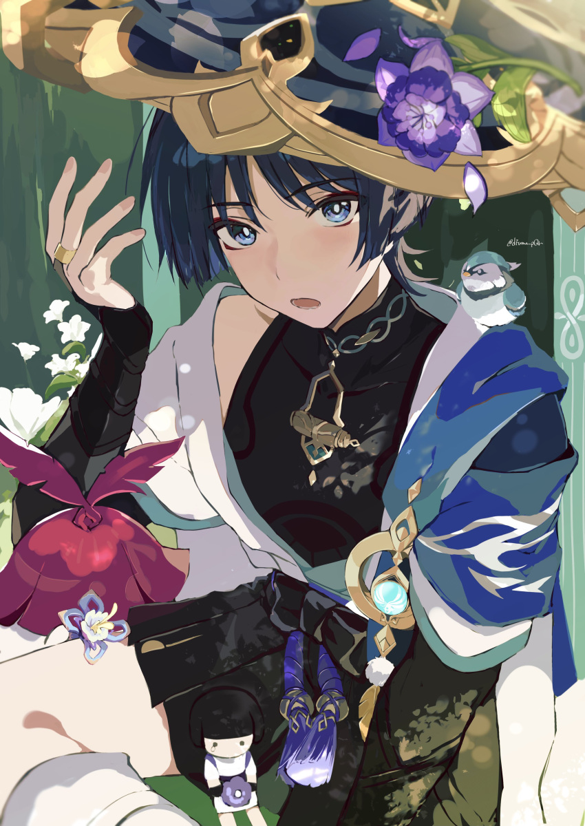 1boy :o absurdres animal_on_shoulder aranara_(genshin_impact) armor bird bird_on_shoulder bishounen black_shorts blue_eyes blue_hair blue_vest blunt_ends blush commentary_request dfuma_pqr eyeliner eyeshadow flower genshin_impact gold hand_up hat hat_flower highres japanese_armor jingasa kote kurokote looking_at_viewer makeup male_focus mandarin_collar open_mouth purple_flower purple_rope red_eyeliner red_eyeshadow rope rope_belt scaramouche_(genshin_impact) short_hair short_sleeves shorts signature solo twitter_username two-tone_vest vest wanderer_(genshin_impact) white_vest