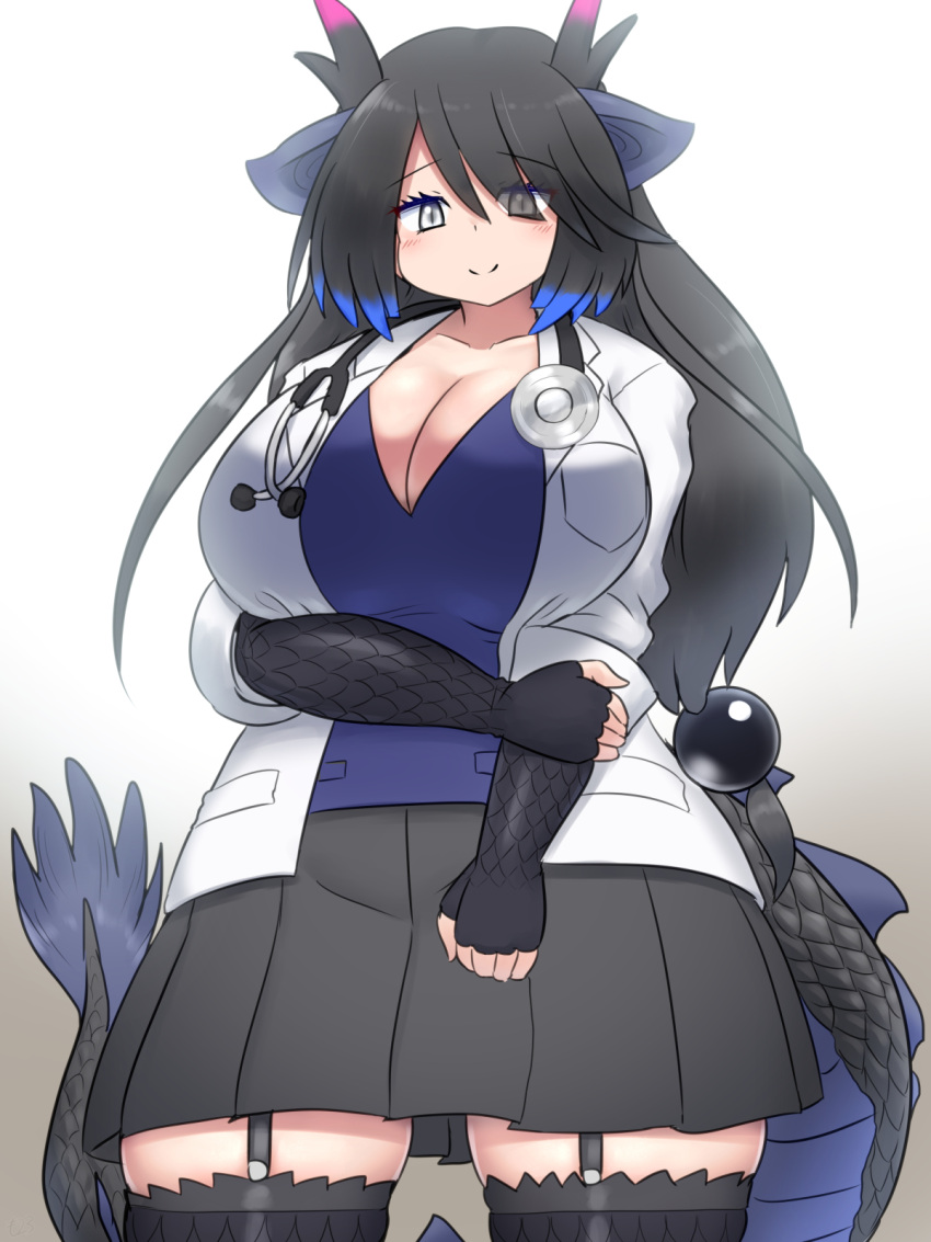 1girl black_dragon_(kemono_friends) black_hair breasts c: cleavage coat doctor dragon_girl dragon_horns dragon_tail elbow_gloves fingerless_gloves gloves grey_eyes grey_horns highres horns huge_breasts kemono_friends kemono_friends_3 lab_coat long_hair looking_at_viewer mo23 multicolored_horns multiple_horns open_clothes open_coat purple_horns shirt simple_background skirt smile solo stethoscope tail thick_thighs thighhighs thighs white_coat