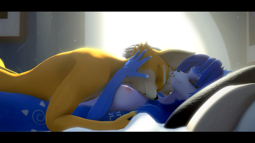 anthro bed breasts canid canine canis duo female fox fox_mccloud furniture hi_res krystal male male/female mammal nintendo nude side_boob side_view sleeping star_fox whitestarfoxline