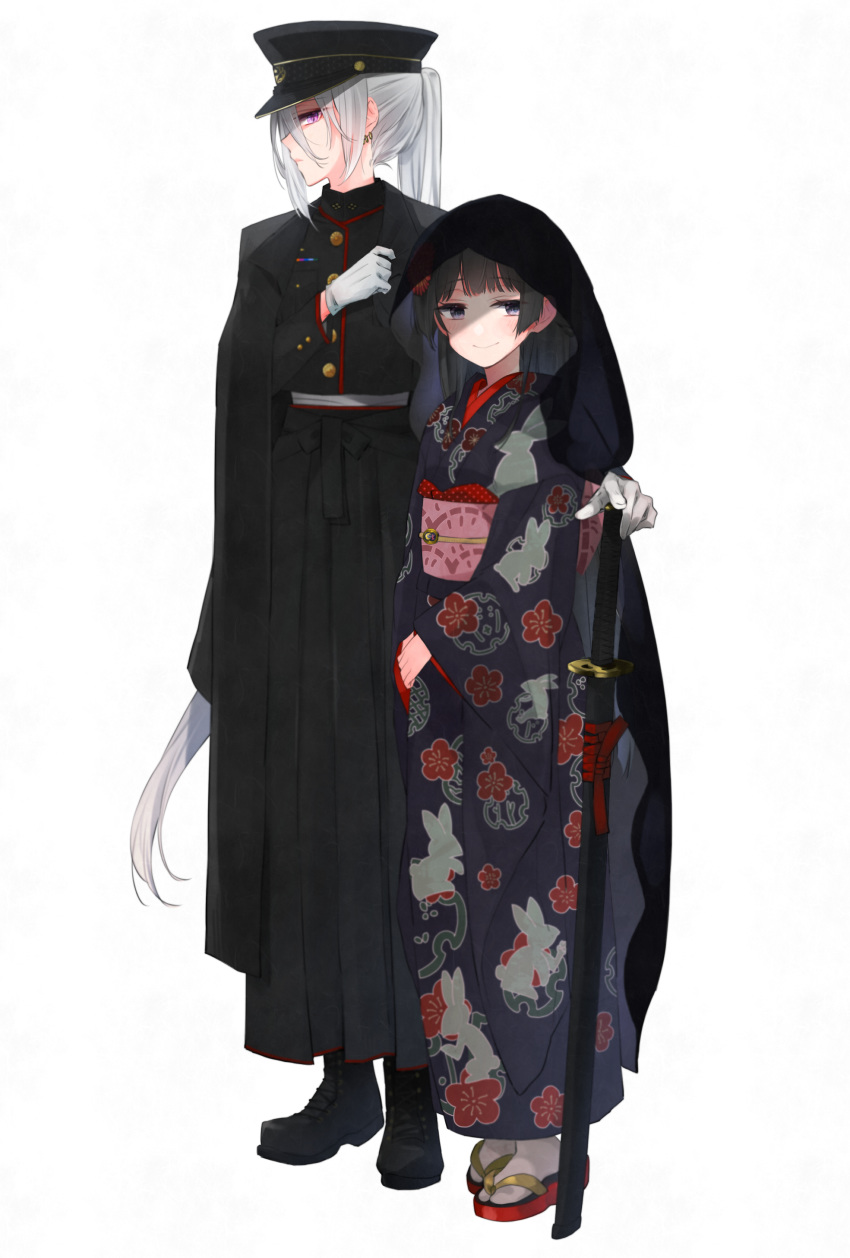 2girls absurdres alternate_costume black_cape black_footwear black_hair black_hakama black_headwear blue_eyes boots cape cross-laced_footwear earrings facing_to_the_side floral_print full_body geta gloves hakama hat highres higuchi_kaede holding holding_sword holding_weapon japanese_clothes jewelry kimono lace-up_boots long_hair looking_at_viewer military military_hat military_uniform multiple_girls myama nijisanji obi peaked_cap ponytail purple_eyes sash sheath sheathed silver_hair simple_background smile sword tsukino_mito uniform very_long_hair virtual_youtuber weapon white_background white_gloves white_legwear