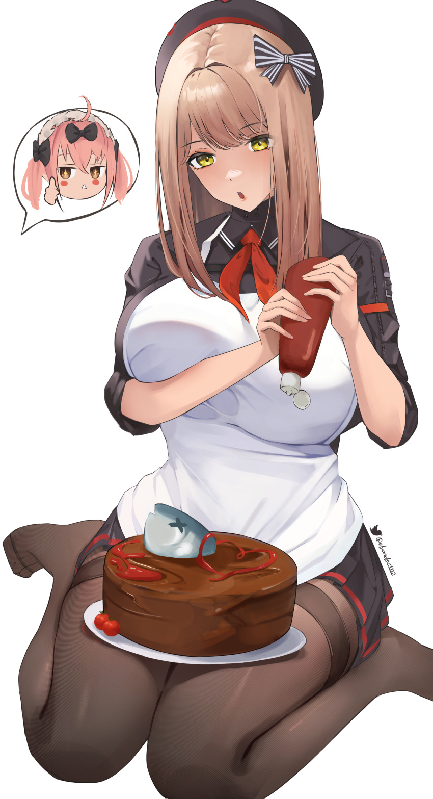 absurdres apron belt beret black_shirt black_skirt bottle bow breasts brown_hair cake chest_harness cleavage cocoa_(nikke) collared_shirt elvandec emma_(nikke) food goddess_of_victory:_nikke harness hat heart highres holding holding_bottle ketchup large_breasts long_hair long_sleeves military military_uniform neckerchief pantyhose parted_lips plate pleated_skirt red_neckerchief shirt sidelocks sitting skirt sleeves_rolled_up solo thighband_pantyhose thumbs_up uniform utility_belt white_apron yellow_eyes