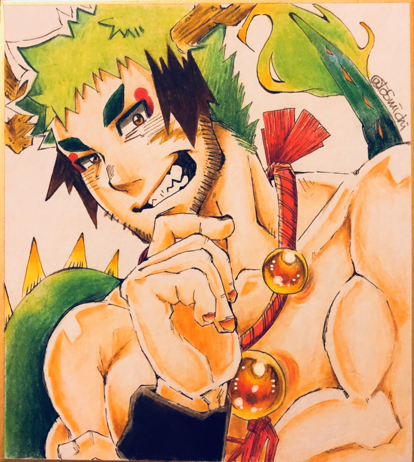 1boy bara beard_stubble colored_pencil_(medium) dragon_boy dragon_horns dragon_tail eyeliner green_hair hand_on_own_chin highres horns large_hands large_pectorals looking_at_viewer makeup male_focus mature_male monster_boy multicolored_hair muscular muscular_male nude original pectorals photo_(medium) red_eyeliner smirk solo spiked_tail streaked_hair tail thick_eyebrows traditional_media upper_body yuka_michi_(to5michi)