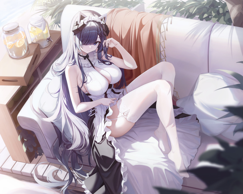 1girl absurdres august_von_parseval_(azur_lane) azur_lane black_hair black_skirt blue_eyes breasts cleavage cleavage_cutout closed_mouth clothing_cutout commentary_request couch g_home garter_straps hair_over_one_eye highres lace-trimmed_thighhighs large_breasts long_hair looking_at_viewer on_couch pillow sitting skirt solo thighhighs very_long_hair white_garter_straps white_thighhighs