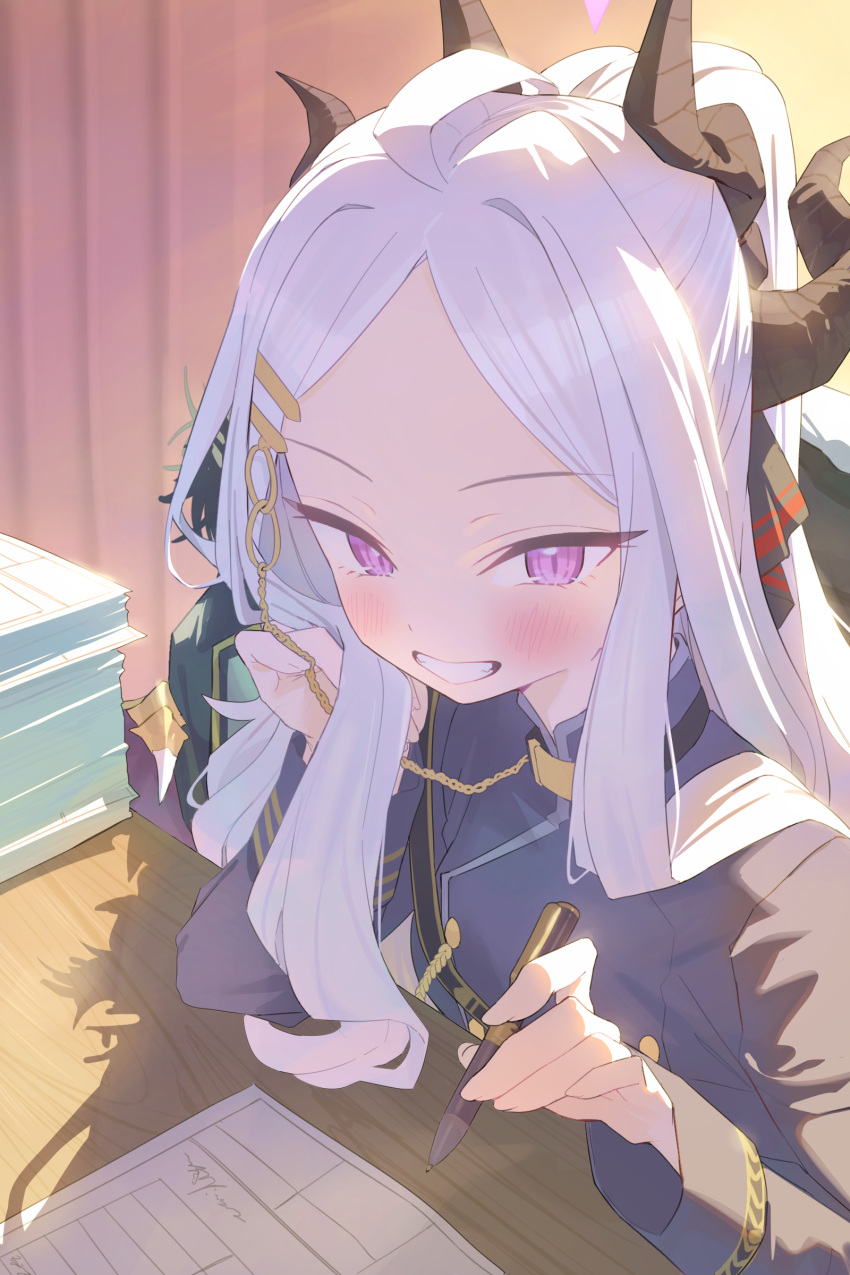 1girl absurdres ahoge applepie_(12711019) blue_archive blush demon_horns forehead grey_hair grin hand_on_own_cheek hand_on_own_face highres hina_(blue_archive) holding holding_pen horns indoors long_sleeves looking_at_viewer military_uniform paper_stack parted_bangs pen pink_eyes smile solo uniform