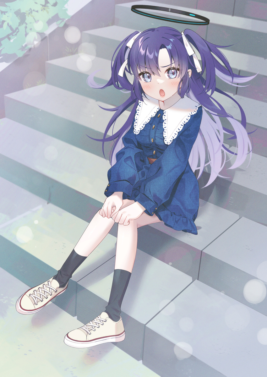 1girl black_socks blue_archive blue_dress blush dress full_body halo highres kurape_(pat1na) long_hair long_sleeves looking_at_viewer mechanical_halo open_mouth purple_eyes purple_hair shoes sitting sitting_on_stairs socks solo stairs two_side_up white_footwear yuuka_(blue_archive)