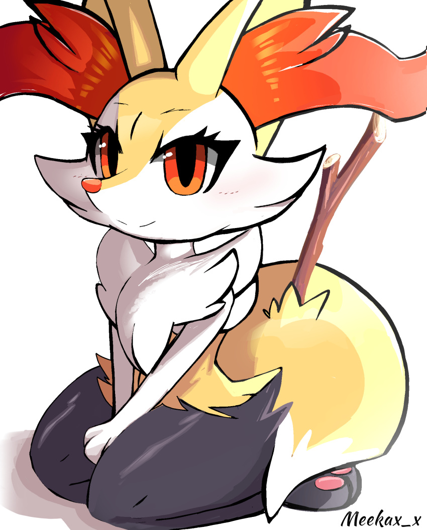 1girl animal_ear_fluff animal_ears animal_feet animal_hands animal_nose artist_name between_legs black_fur blush body_fur braixen closed_mouth commentary fox_ears fox_girl fox_tail full_body furry furry_female hand_between_legs happy highres kneeling light_blush looking_at_viewer meeka multicolored_fur neck_fur own_hands_together pawpads pokemon pokemon_(creature) red_eyes seiza simple_background sitting smile snout solo split_mouth stick tail thick_thighs thighs v_arms watermark white_background white_fur yellow_fur