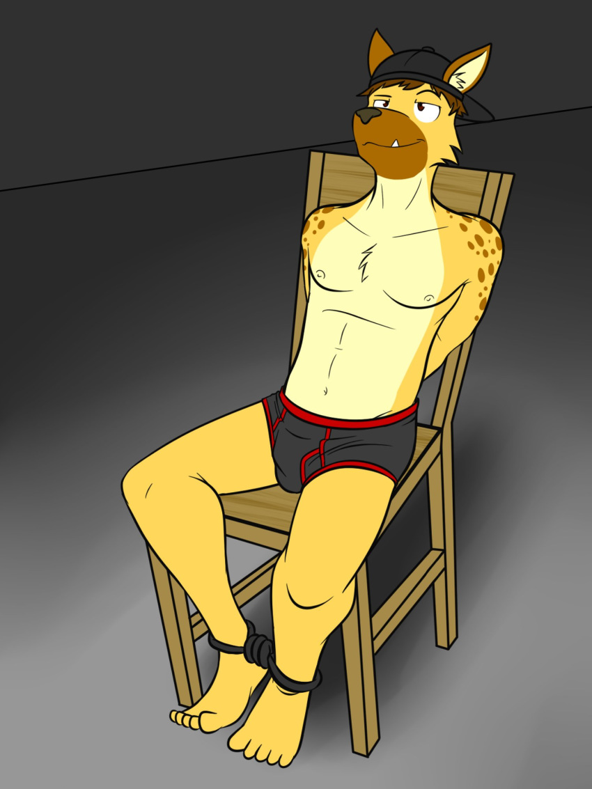 3:4 ankles_tied anthro backwards_baseball_cap baseball_cap bdsm bondage bound briefs chair chair_bondage clothed clothing furgonomics furniture fuze fuzeyeen hands_behind_back hat headgear headwear hi_res hyaenid male mammal navel nipples sitting solo spotted_hyena topless underwear underwear_only