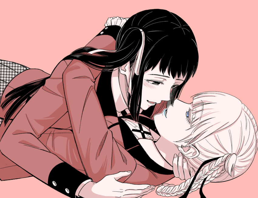 2girls black_hair blue_lips blunt_bangs blush braid braided_hair_rings buttons collared_shirt couple hair_ribbon hug hyakkaou_academy_school_uniform igarashi_sayaka incoming_kiss jacket kakegurui kanbayashi_makoto lipstick long_hair looking_at_another makeup momobami_kirari multiple_girls red_jacket ribbon school_uniform shirt short_bangs simple_background skirt smile spot_color white_hair yuri