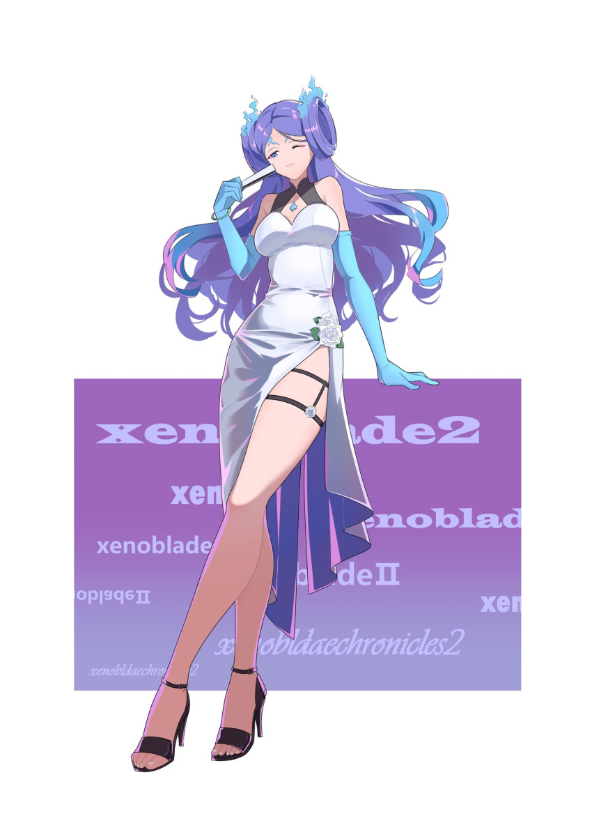 1girl alternate_costume blue_gloves blue_hair breasts brighid_(xenoblade) chest_jewel commentary copyright_name dress elbow_gloves fiery_hair fire full_body gloves gradient_hair hand_fan hehe_jun highres holding holding_fan long_hair looking_at_viewer medium_breasts multicolored_hair one_eye_closed purple_hair smile thigh_strap toes unusually_open_eyes white_dress xenoblade_chronicles_(series) xenoblade_chronicles_2