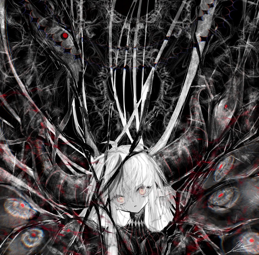 1girl absurdres ahoge black_theme cracked_skin demon_girl demon_horns eldritch_abomination glowing glowing_eyes high_collar highres hololive horns horror_(theme) huge_horns la+_darknesss long_hair looking_at_viewer pointy_ears rainshower0705 spot_color striped_horns tagme upper_body very_long_hair virtual_youtuber