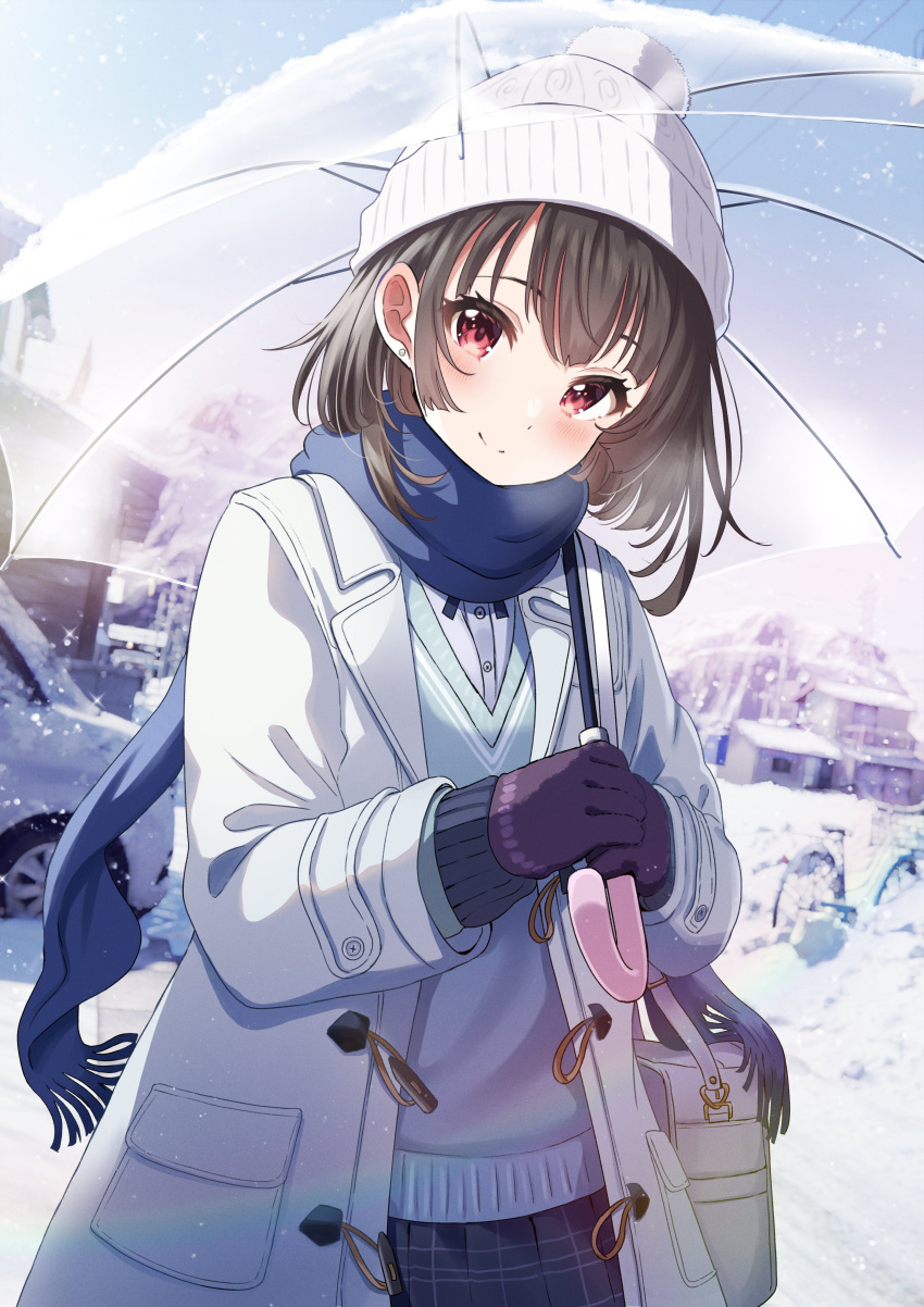 1girl absurdres bag blue_scarf blush brown_hair car closed_mouth coat gloves highres holding holding_umbrella house looking_at_viewer motor_vehicle original outdoors parted_bangs purple_gloves red_eyes scarf school_uniform shirt short_hair shoulder_bag siokazunoko smile snow solo sweater_vest transparent transparent_umbrella umbrella white_bag white_coat white_headwear white_shirt white_sweater_vest winter winter_clothes winter_coat winter_uniform