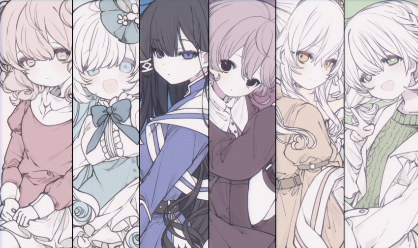 6+girls :d arne_alternata black_eyes black_hair blue_eyes clenched_hands clione_myosotis cross cross_necklace expressionless frown green_eyes grette hair_ornament hairpin haku_eckaran happy_saint_sheol huyucai jewelry lavieen_rose limited_palette maya_elbeth multiple_girls necklace nun official_art pink_eyes pink_hair ribbon smile star_(symbol) v white_hair yellow_eyes