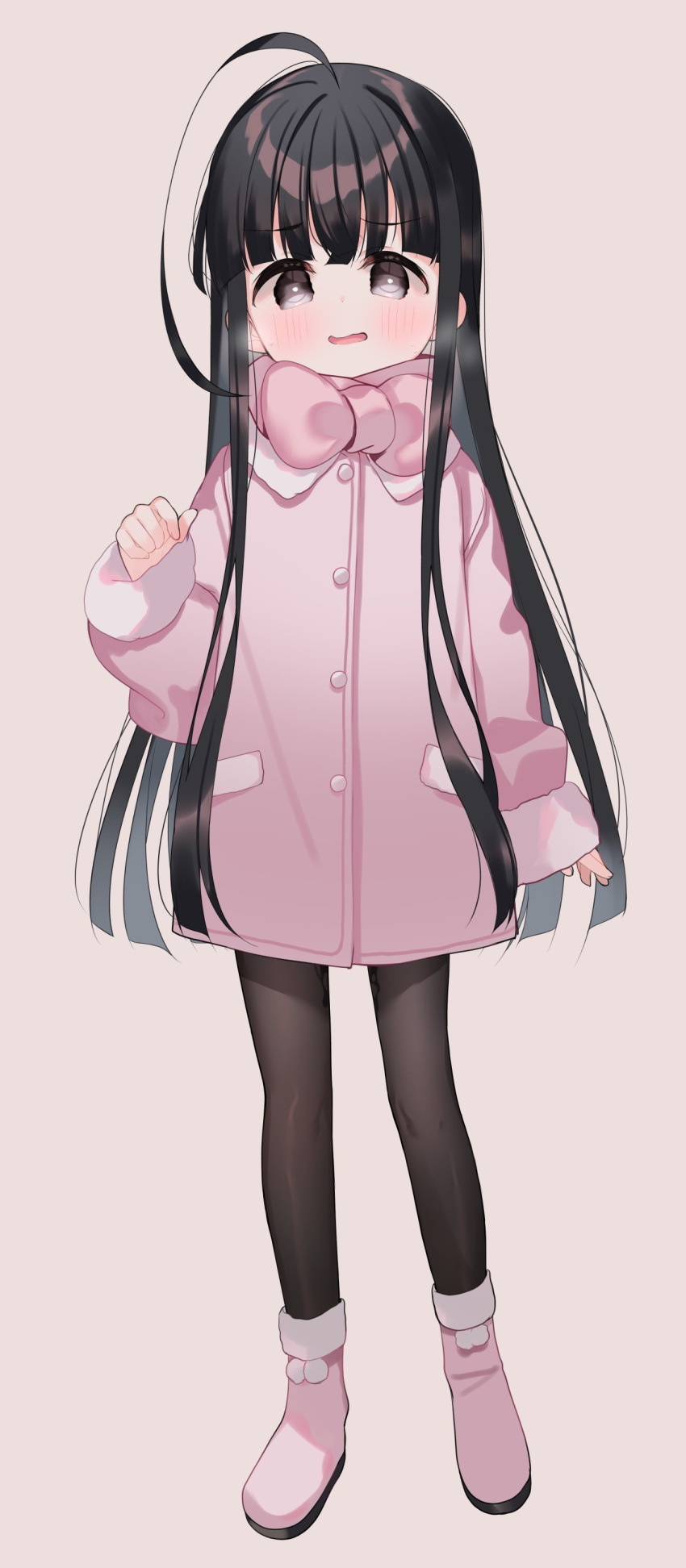 1girl absurdres ahoge black_hair blush boots breath brown_background brown_pantyhose full_body fur-trimmed_sleeves fur_trim grey_hair highres jacket long_sleeves meito_(maze) open_mouth original pantyhose pink_footwear pink_jacket pink_scarf puffy_long_sleeves puffy_sleeves scarf simple_background sleeves_past_wrists solo standing