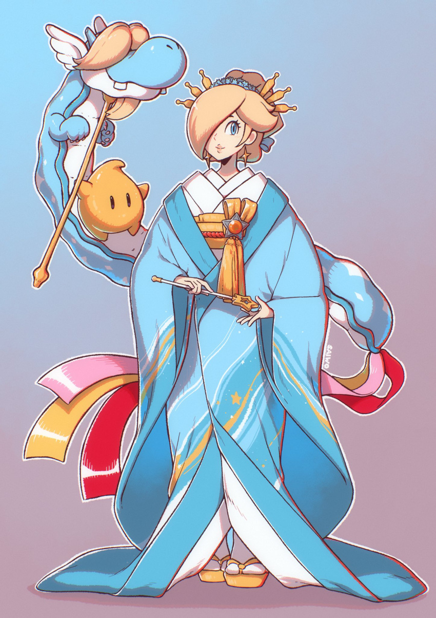 1girl ancient_dragon_(mario) blonde_hair blue_background blue_eyes blue_kimono brooch chinese_zodiac dragon earrings eastern_dragon full_body gradient_background hair_ornament hair_over_one_eye highres holding holding_wand japanese_clothes jewelry kimono looking_at_viewer luma_(mario) mario_(series) pink_background rosalina saiwo_(saiwoproject) sandals socks solo star_(symbol) star_brooch star_earrings updo wand white_socks year_of_the_dragon