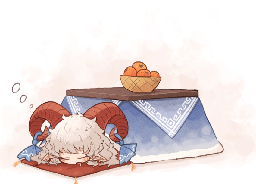 1girl bowl commentary_request cushion earrings food fruit highres horn_ornament horn_ribbon horns jewelry kaginoni kotatsu lying mandarin_orange on_stomach orange_(fruit) pillow pointy_ears red_horns ribbon saliva sheep_girl sheep_horns sleep_bubble sleeping solo table touhou toutetsu_yuuma under_kotatsu under_table white_hair zabuton