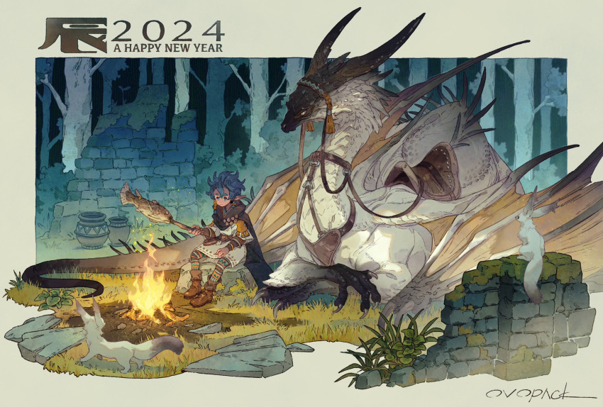 1boy 2024 animal ankle_boots black_cape blue_eyes blue_hair boots border brown_footwear campfire cape chinese_zodiac claws commentary cooking dragon fantasy fennec_fox fire fish_(food) forest from_side grass happy_new_year highres holding holding_stick horns leaf moss murayama_ryouta nature night original outdoors outside_border pointy_ears reins rock saddle scenery short_hair signature sitting sitting_on_rock slit_pupils spikes stick tassel tree vase wide_shot year_of_the_dragon yellow_border