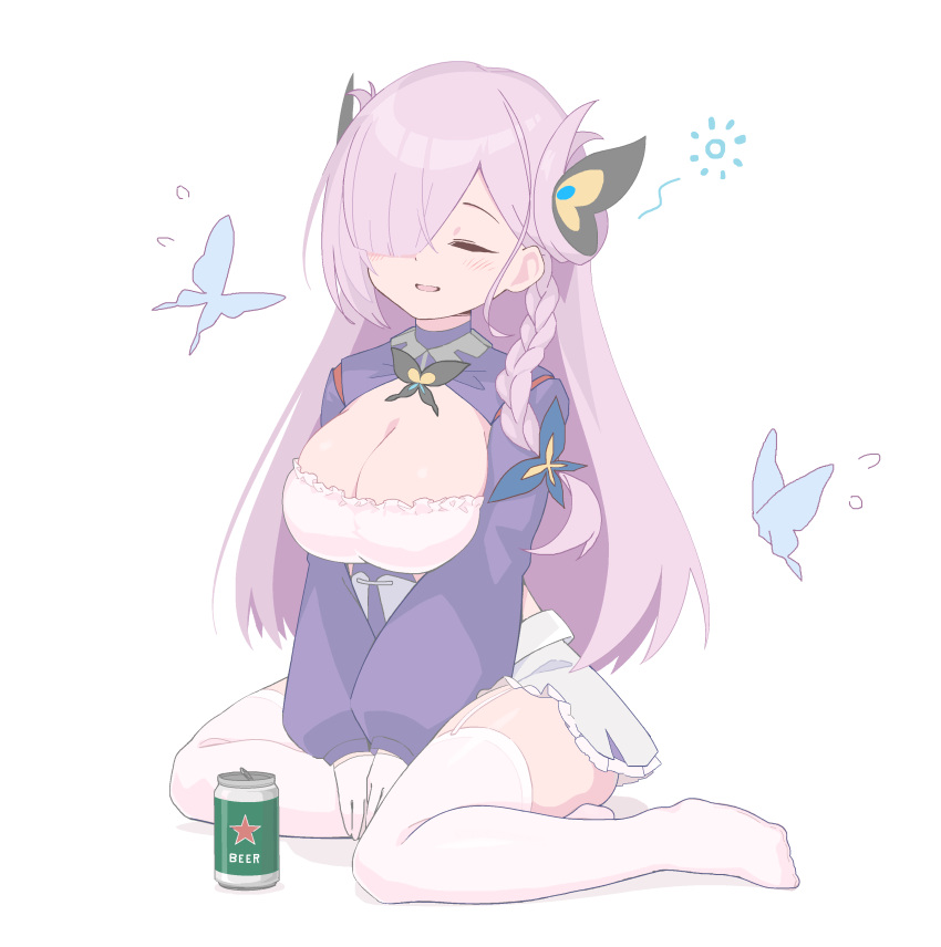 1girl absurdres alcohol azur_lane beer beer_can blue_dress braid breasts bug butterfly butterfly_hair_ornament can cleavage cleavage_cutout closed_eyes clothing_cutout dress drink_can drunk flying_sweatdrops full_body garter_straps gloves hair_ornament hair_over_one_eye haruiroto highres large_breasts long_hair long_sleeves louisville_(azur_lane) miniskirt parted_lips pink_hair simple_background sitting skirt smile solo thighhighs white_background white_garter_straps white_gloves white_skirt white_thighhighs