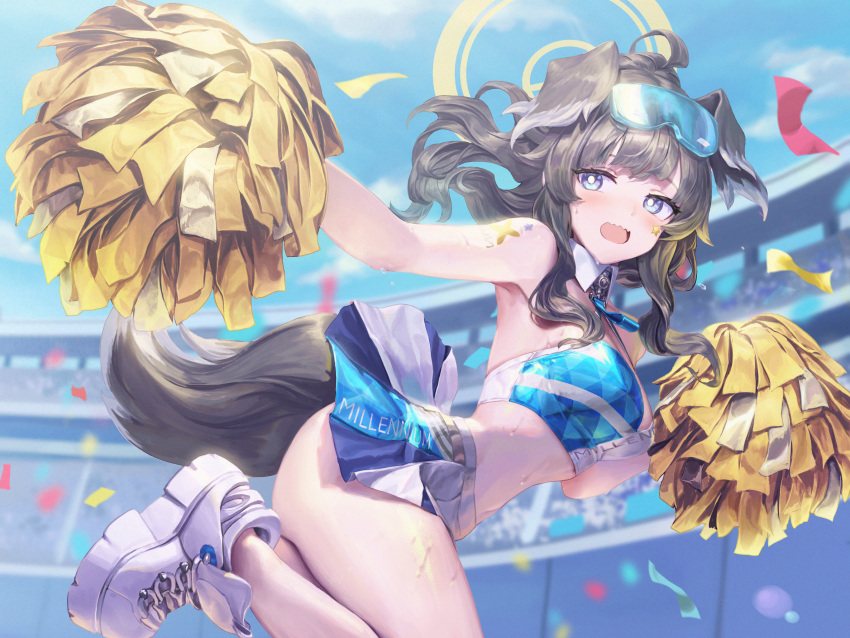 1girl ahoge animal_ears arm_tattoo bare_arms black_hair blue_archive blue_eyes blush breasts cheerleader confetti crop_top dog_ears dog_girl dog_tail from_side gesoking goggles goggles_on_head halo hibiki_(blue_archive) hibiki_(cheer_squad)_(blue_archive) highres holding holding_pom_poms long_hair looking_at_viewer millennium_cheerleader_outfit_(blue_archive) miniskirt official_alternate_costume open_mouth outdoors pom_pom_(cheerleading) ponytail shoes sidelocks skirt solo stadium sweat tail tattoo