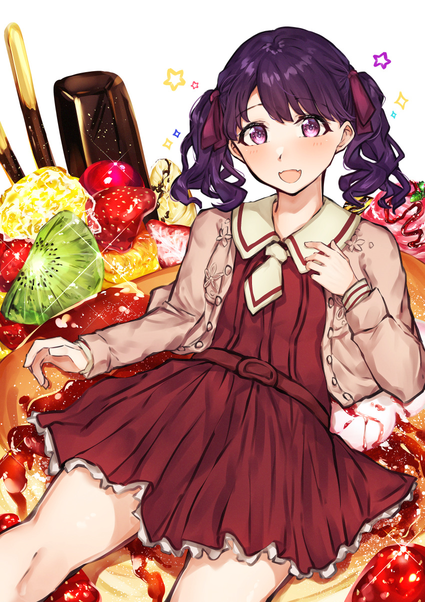 1girl absurdres bangs bird cake chocolate collared_dress dress food fruit fukumaru_koito hair_ribbon highres huge_filesize idolmaster idolmaster_shiny_colors jacket kiwi long_sleeves medium_hair necktie open_mouth pocky purple_eyes purple_hair purple_ribbon red_dress ribbon short_necktie sitting solo star_(symbol) strawberry takani0721 twintails white_background white_neckwear