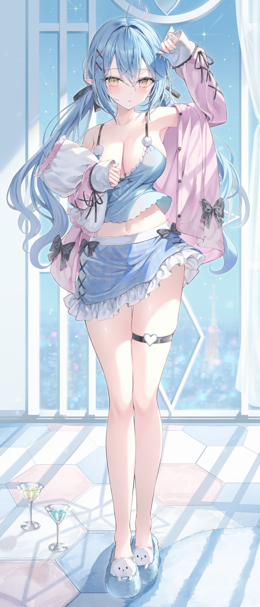 1girl absurdres ahoge alternate_costume arm_up armpits bare_shoulders blue_hair blue_shirt blue_skirt blush breasts camisole cleavage cocktail_glass crop_top crop_top_overhang cup drinking_glass elf frilled_skirt frills full_body hair_between_eyes hair_ornament hair_ribbon hairclip heart heart_ahoge highres holding holding_pillow hololive hugging_object jacket large_breasts legs long_hair long_legs long_sleeves looking_at_viewer low_twintails midriff miniskirt multicolored_hair navel off_shoulder open_clothes open_jacket open_mouth parted_lips pillow pillow_hug pink_jacket pointy_ears ribbon rin_yuu shirt skindentation skirt sleeveless sleeveless_shirt sleeves_past_wrists slippers solo spaghetti_strap standing stomach tank_top thigh_gap thigh_strap thighs twintails very_long_hair virtual_youtuber x_hair_ornament yellow_eyes yukihana_lamy