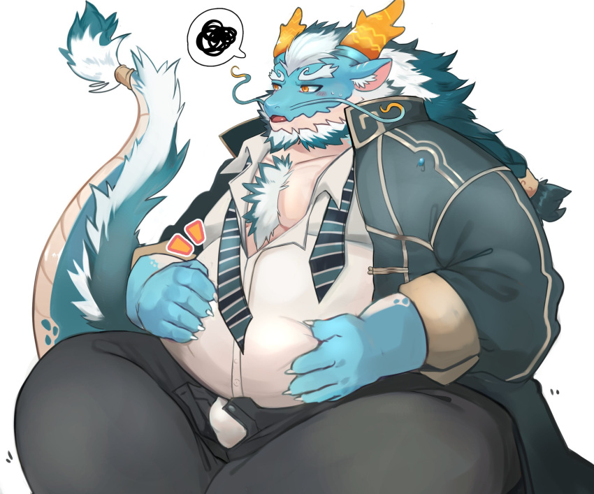 1boy animal_ear_fluff aqua_hair aqua_skin bara beard belly belly_grab blush braid bulge chest_hair claws coat dragon_boy dragon_horns dragon_tail emphasis_lines facial_hair fat feet_out_of_frame full_beard furry furry_male highres horns huge_eyebrows long_mustache male_focus male_underwear male_underwear_peek mature_male multicolored_hair open_clothes open_coat open_fly patting_belly qinglong_(housamo) scribble simple_background single_braid sitting solo sweatdrop tail tappe124 tokyo_afterschool_summoners two-tone_beard two-tone_hair underwear white_background white_beard white_hair yellow_eyes