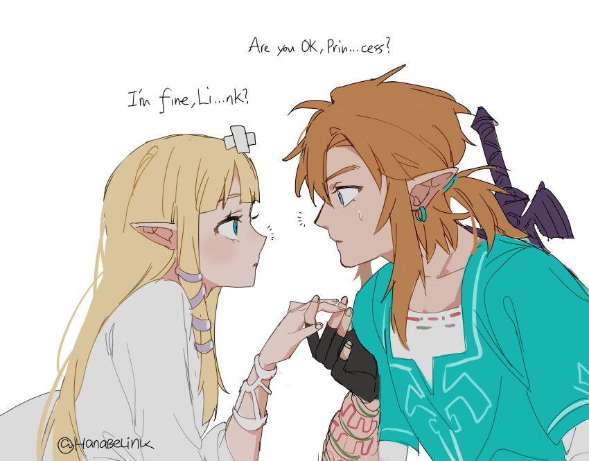 1boy absurdres bandaid bandaid_on_head blonde_hair blue_eyes blue_tunic blush champion's_tunic_(zelda) crossed_bandaids dress earrings eye_contact hair_ornament hanabelink highres holding_hands jewelry link long_hair looking_at_another pointy_ears ponytail princess_zelda spiked_hair the_legend_of_zelda the_legend_of_zelda:_breath_of_the_wild the_legend_of_zelda:_skyward_sword time_paradox