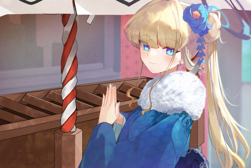 1girl absurdres blonde_hair blue_archive blue_eyes blue_hair blue_kimono blush box chankuro closed_mouth donation_box fur-trimmed_kimono fur_trim highres japanese_clothes kimono kouhaku_nawa long_hair long_sleeves multicolored_hair obi rope sash shimenawa smile solo streaked_hair toki_(blue_archive) upper_body wide_sleeves