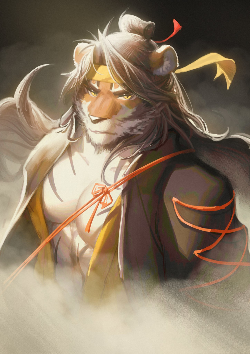 1boy abs animal_ears arknights bara bare_pectorals brown_hair chinese_clothes chinese_commentary commentary_request dust furry furry_male headband highres huai_tianpei_(arknights) looking_at_viewer male_focus moaoxnx pectorals tiger_boy tiger_ears tiger_stripes upper_body yellow_eyes yellow_headband