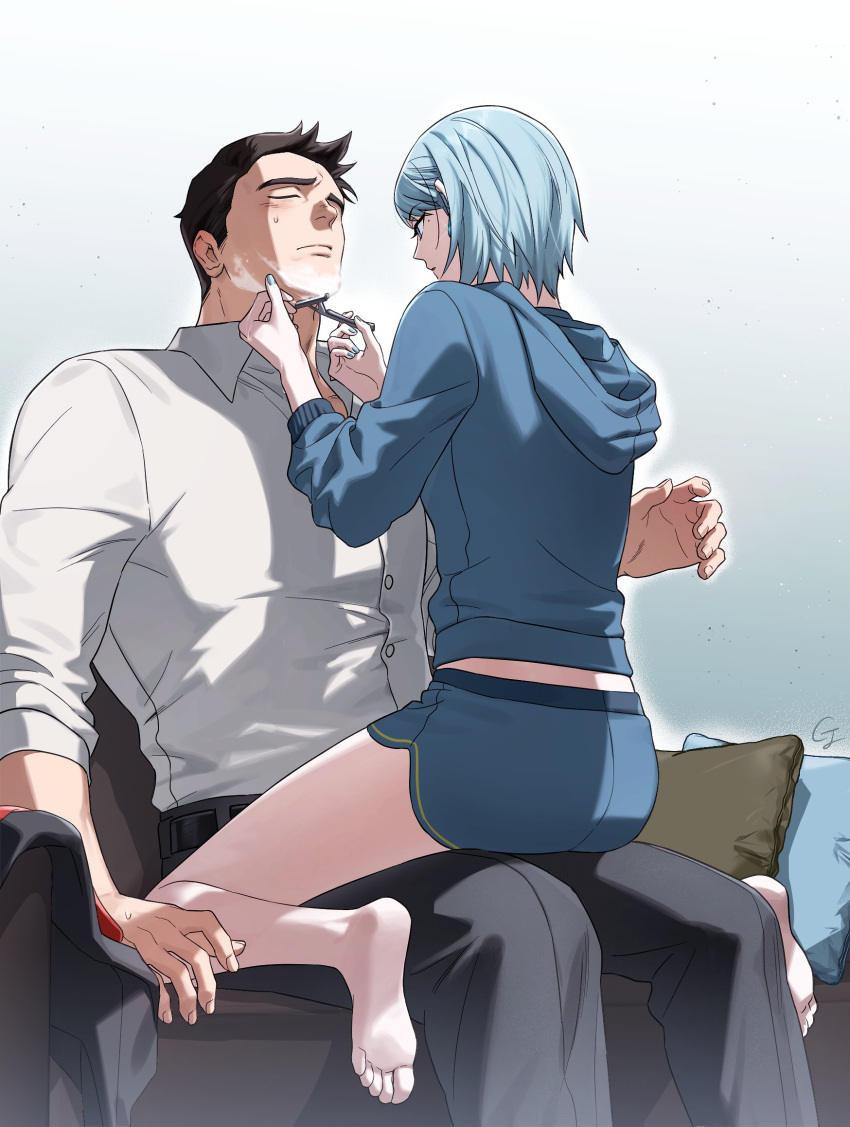 1boy 1girl ace_attorney bare_legs barefoot black_hair black_pants blue_hair blue_nails blue_shorts blue_sweater blush buttons closed_eyes closed_mouth collared_shirt couch dick_gumshoe feet fingernails franziska_von_karma gwiga0 hetero highres hood hooded_sweater legs long_sleeves midriff_peek nail_polish pants pillow shaving shaving_another shirt short_hair shorts sitting sitting_on_person soles sweatdrop sweater toes white_shirt