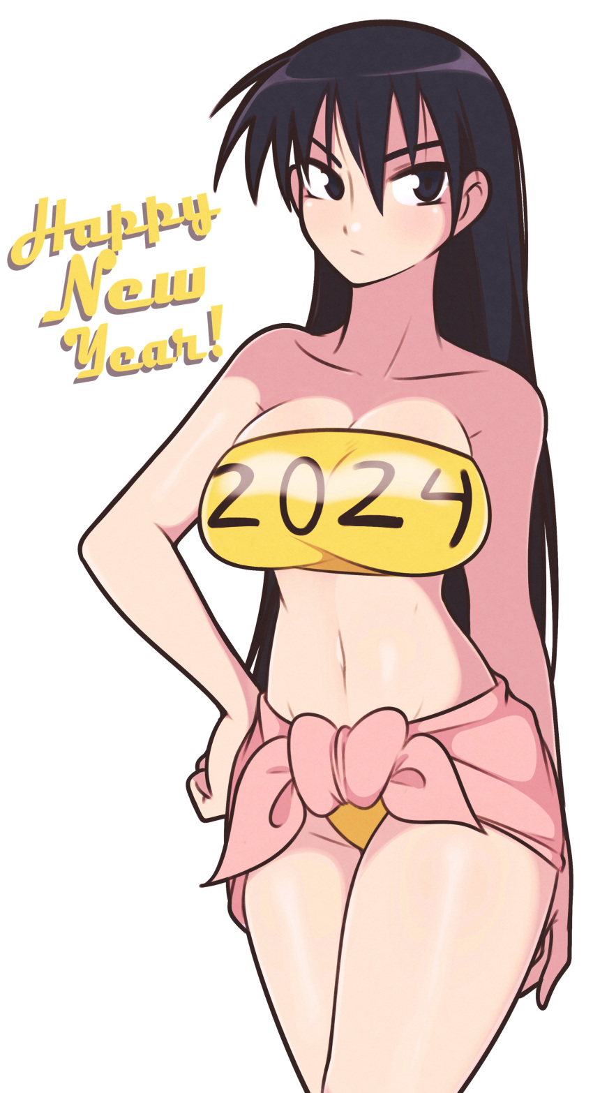 1girl 2024 absurdres azumanga_daioh bandeau bikini black_eyes black_hair breasts cleavage closed_mouth commentary cowboy_shot english_commentary expressionless hair_between_eyes hand_on_own_hip happy_new_year highres jeff_miga large_breasts linea_alba long_hair looking_at_viewer navel pink_sarong sakaki_(azumanga_daioh) simple_background solo standing stomach straight_hair strapless strapless_bikini swimsuit v-shaped_eyebrows white_background yellow_bandeau yellow_bikini