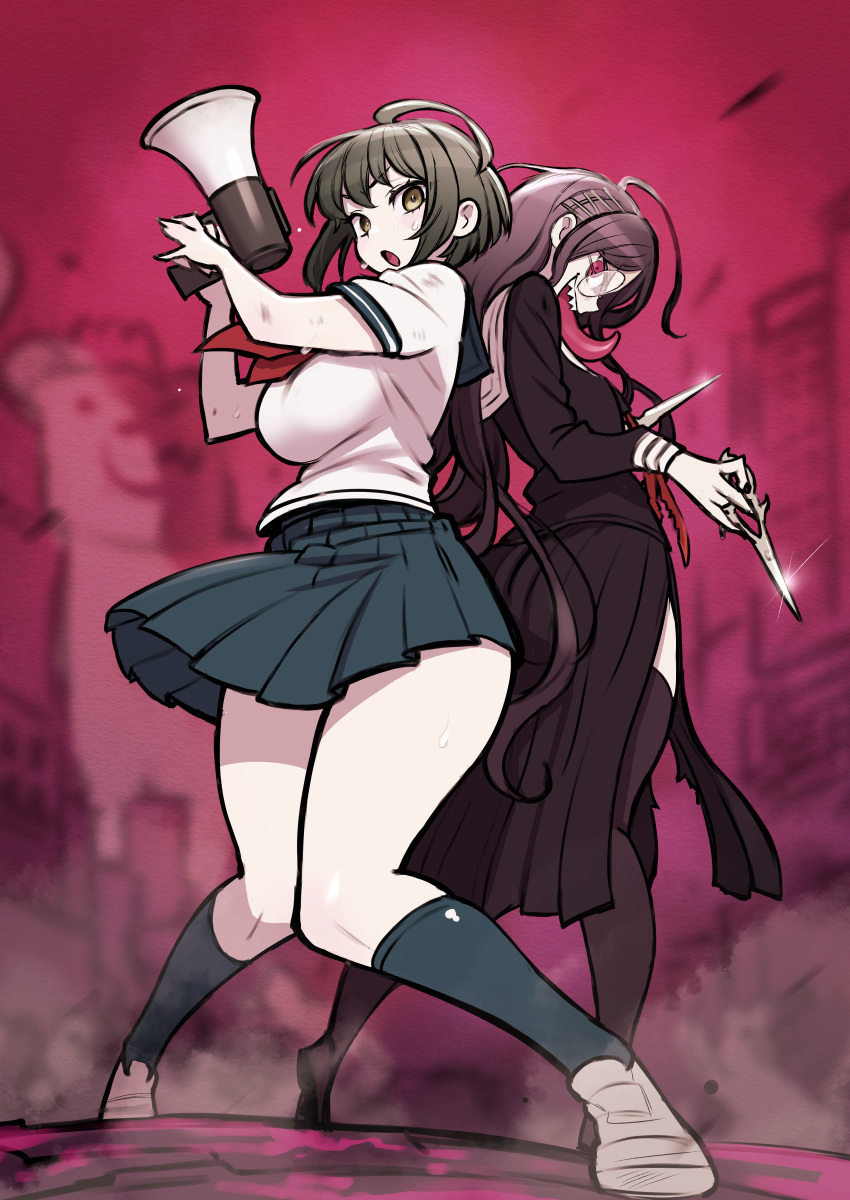 2girls absurdres ahoge black_hair black_shirt brown_eyes brown_hair danganronpa_(series) danganronpa_another_episode:_ultra_despair_girls fukawa_toko highres holding holding_megaphone kakuzatou_(satousatotototo) long_hair long_sleeves looking_at_viewer medium_hair megaphone miniskirt multiple_girls naegi_komaru open_mouth outdoors pleated_skirt red_eyes red_ribbon ribbon shirt short_sleeves skirt smile standing tongue tongue_out white_shirt