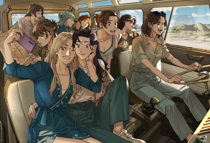 6+girls absurdres blonde_hair blue_dress blue_hair blue_pants blue_sky breasts brown_eyes brown_hair car_interior character_request cleavage closed_eyes closed_mouth collared_shirt denim drawing_on_another's_face dress earrings english_commentary eyewear_on_head facial_mark gracepago0314 green_shirt hair_bun hand_on_another's_face hand_on_another's_waist highres holding holding_map hoop_earrings jeans jewelry long_hair map medium_hair motor_vehicle mountain multiple_girls multiple_rings open_mouth pants parted_lips purple_hair real_life reflection ring selfie shirt shirt_tucked_in short_sleeves sky sleeping smile sunglasses sweatdrop taking_picture twice_(group) van wedding_ring whisker_markings white_shirt yuri