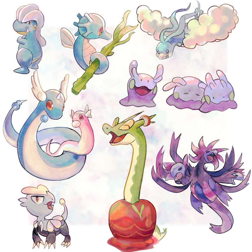 absurdres altaria alternate_color animal_focus apple bagon beak black_eyes claws closed_eyes closed_mouth cloud colored_skin commentary dragonair dratini fang fangs fish food fruit goomy green_skin head_wings highres horns horsea hydrapple hydreigon jangmo-o kelp no_humans open_mouth pokemon pokemon_(creature) purple_skin red_eyes seahorse shiny_pokemon simple_background skin_fangs snake solid_oval_eyes spyg standing tail white_background wings worm yellow_eyes