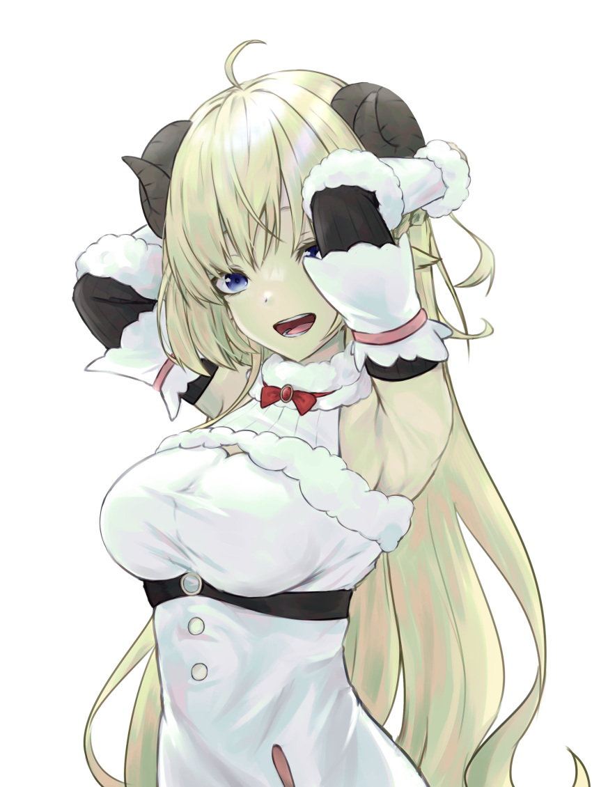 1girl absurdres ahoge alternate_eye_color animal_ears armpit_crease blonde_hair blue_eyes bow bowtie breasts brooch detached_sleeves dress empire_waist fur-trimmed_dress fur-trimmed_sleeves fur_trim highres hololive horns jewelry large_breasts long_hair ocha_illust open_mouth red_bow red_bowtie red_brooch ribbed_sleeves sheep_ears sheep_girl sheep_horns short_dress sleeveless sleeveless_dress solo teeth tongue tsunomaki_watame tsunomaki_watame_(1st_costume) underbust very_long_hair virtual_youtuber white_dress