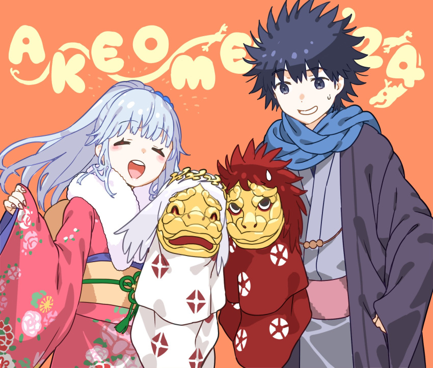 1boy 1girl 2024 akeome alternate_hairstyle black_eyes black_hair blue_scarf closed_eyes commentary_request floral_print floral_print_kimono grey_hair grey_kimono haimura_kiyotaka hand_puppet happy happy_new_year highres index_(toaru_majutsu_no_index) japanese_clothes kamijou_touma kimono long_hair obi obijime pink_kimono ponytail print_kimono puppet sash scarf short_hair simple_background smile spiked_hair sweatdrop toaru_majutsu_no_index wide_sleeves