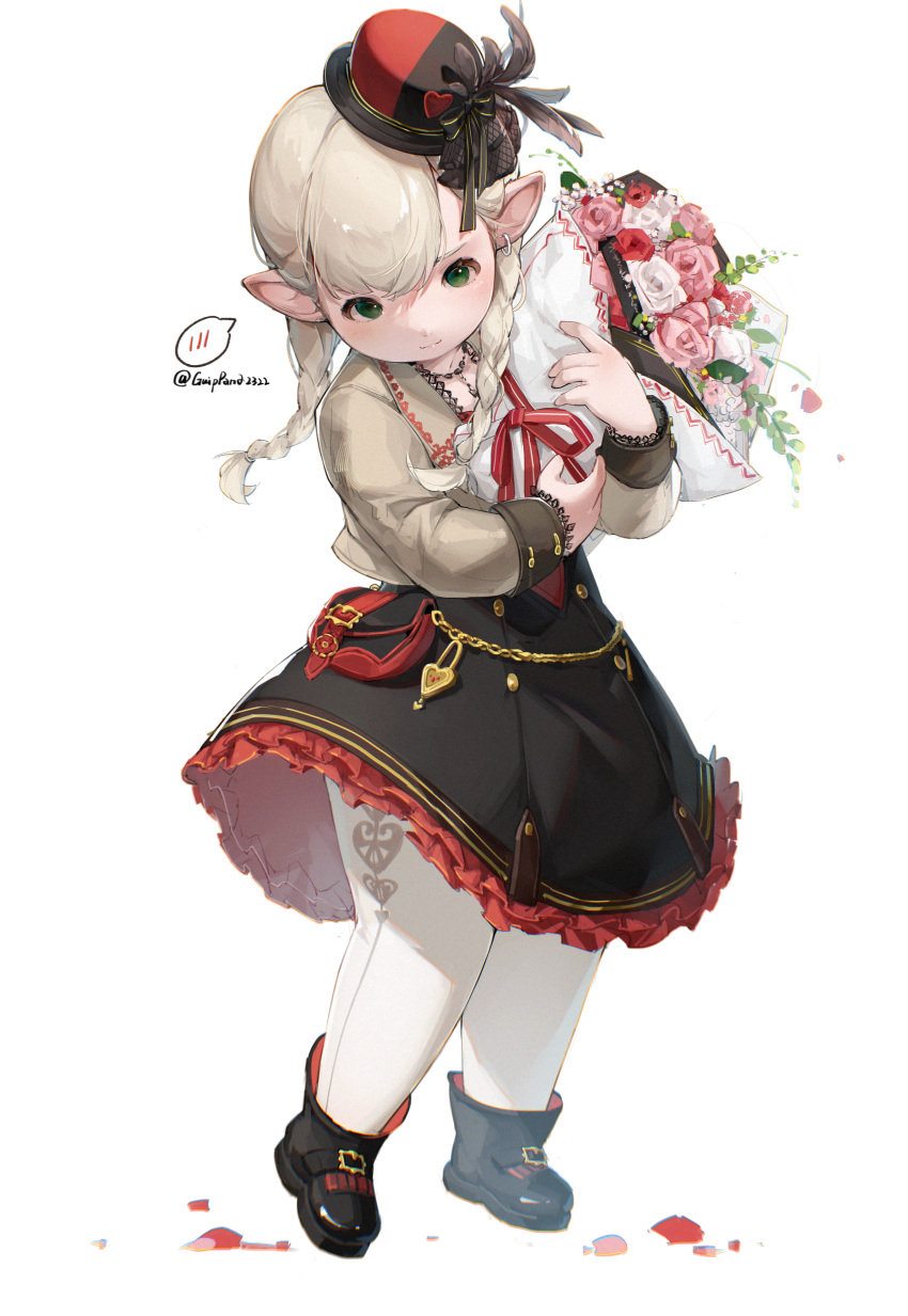 1girl absurdres black_footwear black_hair blonde_hair bouquet braid breasts closed_mouth dress final_fantasy final_fantasy_xiv frilled_dress frilled_skirt frills full_body green_eyes guippang hat head_tilt highres holding holding_bouquet jewelry lalafell long_hair looking_at_viewer mini_hat necklace pantyhose ribbon signature simple_background skirt small_breasts solo speech_bubble twin_braids two-tone_dress two-tone_headwear white_pantyhose